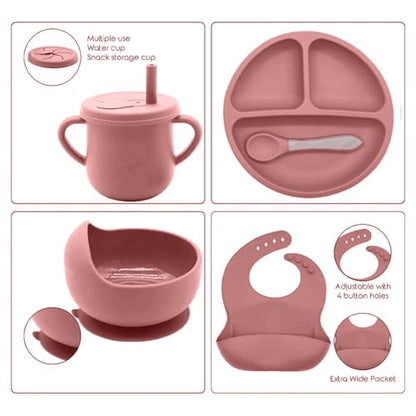 Silicone Baby Feeding Tray Dusty Pink Mealtime Plate with Suction Base Divided Sections for Infant and Toddler Feeding - color: Dusty Pink