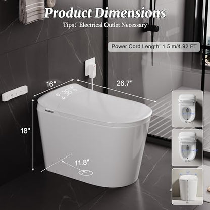 Smart Bidet Toilet with Tank Foam Shield Dual Auto Flush/Lid&Seat | Foot Sensor UV-C light Electric Modern One Piece Toilet for Bathroom with Siphon Dual Flush 0.8/1.2 GPF MAP 1000g - color: Snow White