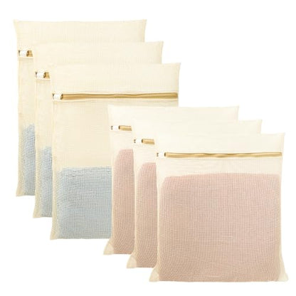 6Pcs Organic Cotton Mesh Laundry Bags for Delicates, Durable Mesh Wash Bags, Sturdy Zipper Laundry Bag for Underwear, Clothes, Shoes, Socks, (3 Large, 3 Medium) - color: 6pcs beige