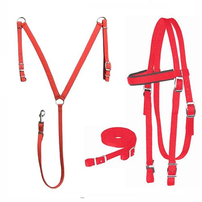 Majestic Ally Nylon Padded Equestrian Browband Headstall, Reins & BreastCollar Set for Horse- Full - color: Red