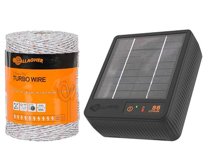 S6 Solar Fence Charger with 3/32" x 656' Turbo Wire | Solar-Powered Energizer with 656 ft High-Conductivity Fence Wire | Ideal for Gardens, Paddocks, and Livestock Containment