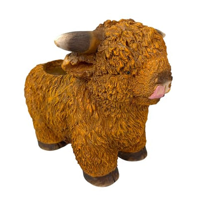 Zeckos Highland Cow Animal Planter, 15 Inch Long Light Brown Textured Fur | Painted Magnesium Oxide, Freestanding Farmhouse Accent, Drain Hole, 6.5 X 5.25 Inch Opening, 10 Inch Deep - color: Cow - Light Brown