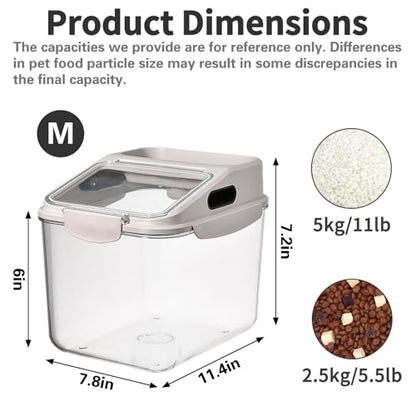 Fhiny 5.5LB Dog Food Storage Container, Airtight Pet Treat Bin Translucent Dry Food Grain Storage Barrels Sealed Bucket Moisture-Proof Plastic Cat Puppy Food Bin with Seal Locking Lid Keep Fresh - size: M:11.4"L x 7.8"W x 7.2"H