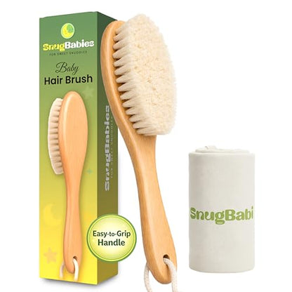 Wooden Baby Hair Brush with Natural Goat-Hair Bristles - Ultra Soft Baby Brush for Newborns & Infants with a Cotton Travel Pouch - Helps with Cradle Cap Care - 21cm Easy Grip Beech Wood Handle - size: Pack of 2