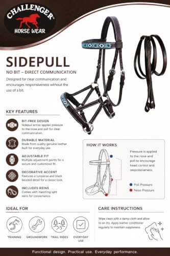 Horse Western English Leather Bitless Sidepull Bridle w/ Split Reins 77RS11 - color: Brown/Beaded
