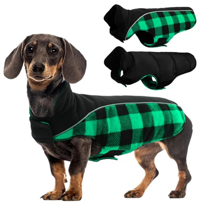 Kuoser Dog Winter Coat, Reversible Waterproof Dog Jacket with Reflective Strip, Warm Dogs Fleece Vest Adjustable Doggy Cold Weather Clothes Plaid Christmas Outfit Pet Apparel for Small Dogs, Green XS - color: Green, size: X-Small (Chest Girth: 9.4-13.8''