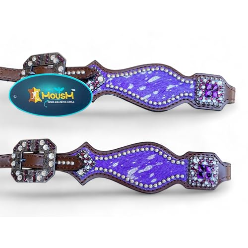 Western Leather Headstall & Breast Collar Set for Horses - Valentine’s Day Silver Metallic Cowhide with Rhinestones - color: Purple