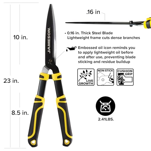 Jameson Heavy-Duty Hedge Shears – 23″ with Ultra-Sharp Non-Stick Blades, Lightweight Aluminum Frame, and Shock-Absorbing Grip