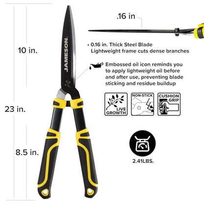 Jameson Heavy-Duty Hedge Shears – 23″ with Ultra-Sharp Non-Stick Blades, Lightweight Aluminum Frame, and Shock-Absorbing Grip