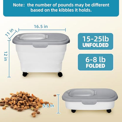 Pet Food Container, Collapsible Dog Food Storage Container with Detachable Casters & Airtight Lid for Keeping Dry Kibbles, With Dog Food Scoop and Measuaring Cups - color: Gray