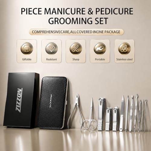 Manicure Set, Stainless Steel Nail Clipper Set with Luxurious Travel Case | 12-Piece Set with Thicker Steel, Precision-ground Cutting Edges, and Smooth-finished Tools for Clean, Precise Trimming. - color: Silver and Black