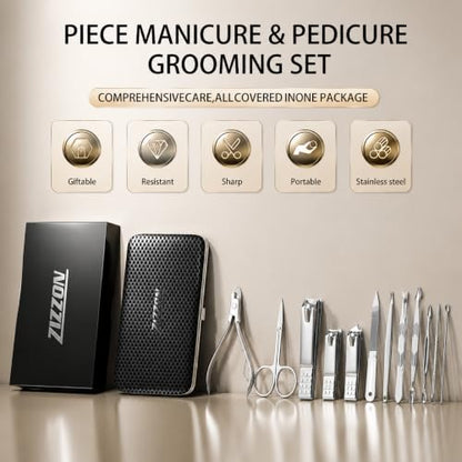 Manicure Set, Stainless Steel Nail Clipper Set with Luxurious Travel Case | 12-Piece Set with Thicker Steel, Precision-ground Cutting Edges, and Smooth-finished Tools for Clean, Precise Trimming. - color: Silver and Black