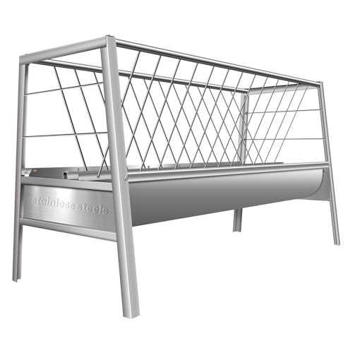 2-in-1 Livestock Hay Feeder 85 Gallon, Heavy Duty Stainless Steel Trough and Rack Combo, 5 Ft Freestanding Goat & Sheep Feeder for Barn and Pasture, Rust Resistant
