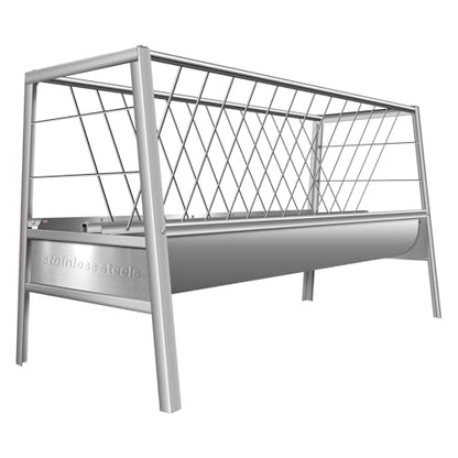 2-in-1 Livestock Hay Feeder 85 Gallon, Heavy Duty Stainless Steel Trough and Rack Combo, 5 Ft Freestanding Goat & Sheep Feeder for Barn and Pasture, Rust Resistant