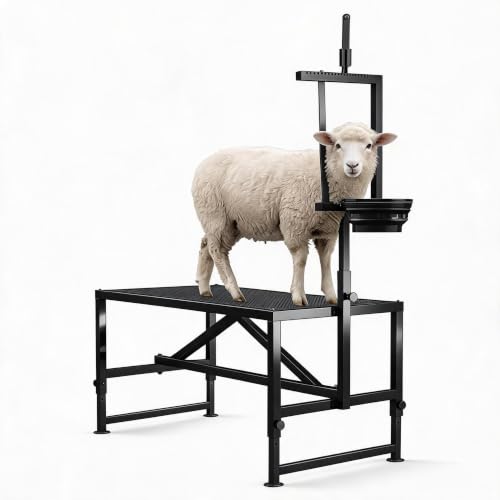 Heavy Duty 400LBS Goat Stand with Feed Bin, 35 Inch Goat Milking Stand Adjustable Headpiece & Legs, Livestock Table for Grooming, Shearing, Physical Examination, Black | Adjustable 35-Inch Platform, Headpiece & Legs, Stanchion for Grooming, Shearing, and