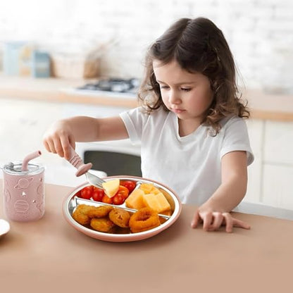 PandaEar 6-in-1 Stainless Steel Baby Feeding Set | Divided Suction Plate, Bowl, Sippy Cup with Straw, Bib, Spoon & Fork | BPA-Free Toddler Feeding Essentials for Self-Feeding (Pink) - color: Pink