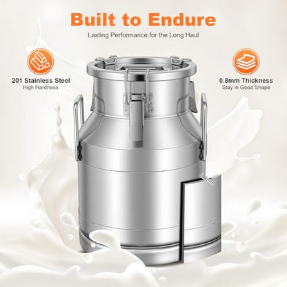 10L/ 2.64 Gallon Seamless 201 Stainless Steel Milk Can with Lid - size: 10L