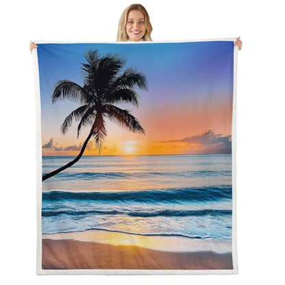 Ocean Wave Fleece Throw Blanket for Bed Sofa Couch Summer Sea Beach Sherpa Blanket Hawaiian Tropical Palm Tree Printed Blanket Soft Women Men Plush Fuzzy Blanket Air ConditionerKing 87"x95" - color: Multi 10, size: King