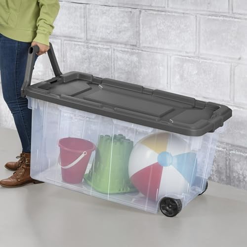 160 Quart Wheeled Stacker, Extra Large Durable Clear Bin, Latch Lid and Pull Handle, Gray, 2 Count