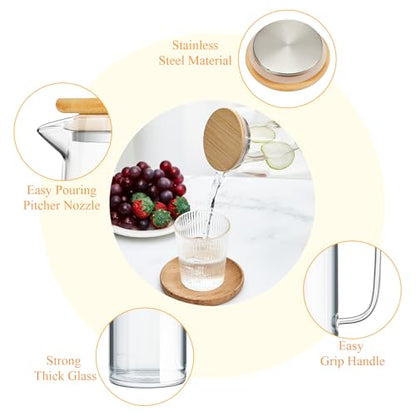 Hsei 2 Sets Glass Pitcher with Lid, 67.6 oz / 2000 ml Water Carafe with Handles Hot Cold Beverage Water Jar Glass Jug for Tea Juice Milk Coffee Iced Beverage(2l) - color: Bamboo Lid, size: 2l