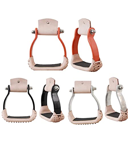 Western Horse Saddle Stirrups Aluminum w/Leather Barrel Racing 5" Wide Orange/Black/Silver (Black)