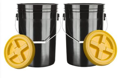 House Naturals Large 6 Gallon Food Grade BPA Free Made in USA Plastic Bucket Pail with Yellow Screw On Double Gasket Air Tight Lid (Pack of 2)
