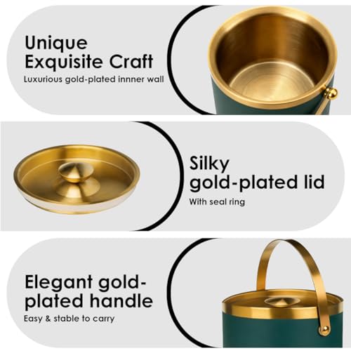 3L Insulated Stainless Steel Ice Bucket for parties with lid & scoop - color: gold green