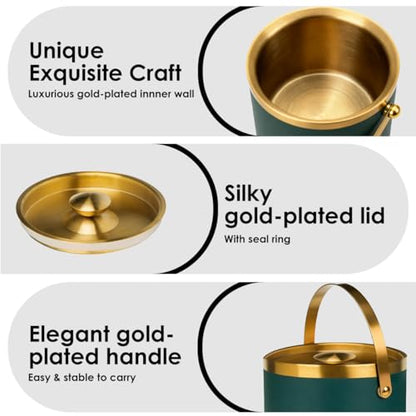 3L Insulated Stainless Steel Ice Bucket for parties with lid & scoop - color: gold green