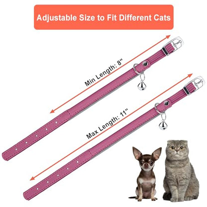 OOPSDOGGY Rolled Leather Cat Collar with Bell, Reflective Kitten Collars with Buckle Include Safety Elastic Strap - Adjustable Small Pet Collars for Boy Girl Cats (Fucsia) - color: Fucsia