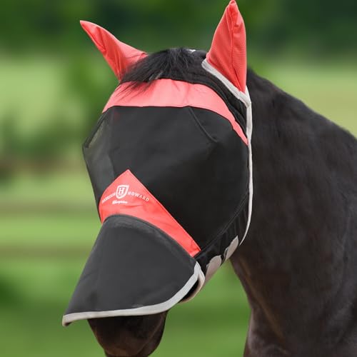 Harrison Howard Horse Fly Mask with Ears & Long Nose Cover, UV Protection, Fine Mesh Fly Mask for Horses, Large Eye Space & Soft Fleece Edging for Turnout & Grazing Orange/Black M - size: M