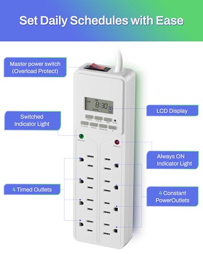 BN-LINK 8 Outlet Surge Protector with 7-Day Digital Timer (4 Outlets Timed, 4 Outlets Always On) - White (Pack of 2) - size: 4 Timed / 4 Always On (Pack of 2)