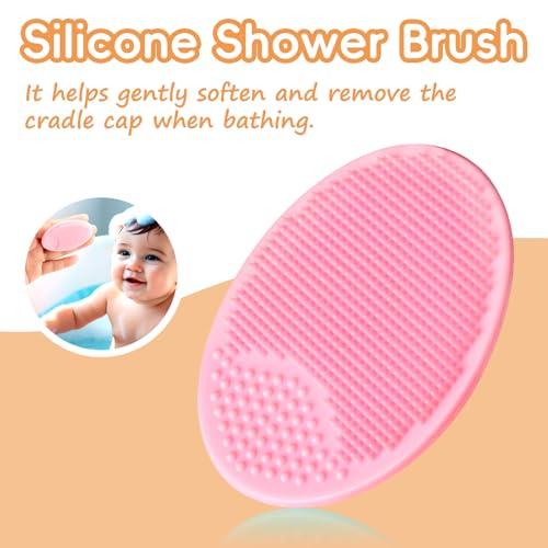 Baby Hair Brush, Wooden Goat Bristles Hair Brush with Silicone Hair Scrubber Cradle Cap Brush for Newborn, Toddler, Boys, Girls Perfect Scalp Grooming Product (Pink)