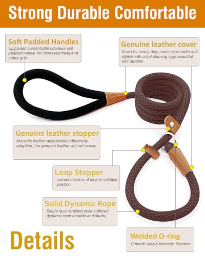 Dog Leash Slip Lead Braided Rope Pet Training Loop Leashes 5ft 6ft 8ft - color: Brown