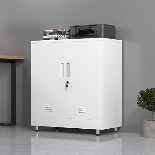 JINGUR Metal Storage Cabinet with Locking Doors and Adjustable Shelf, Small Lockable Sideboard Buffet Cabinet for Home Office Hallway Entryway Living Dining Room (White) - color: White