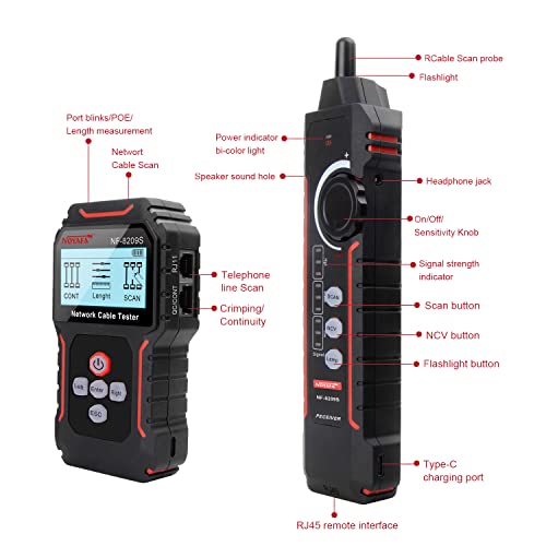 NOYAFA NF‑8209S Network Cable Tester – Upgrade Ethernet Cable Tester with PoE Detection, NCV Voltage Test, Cable Length Measurement, Port Flashing & Anti-Interference Scan Modes