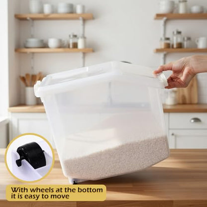 Sunnyray 4 Pcs Rice Storage Container 33.1 lb Airtight Flour Container with Wheels Measuring Cup White Pet Food Dog Cat Birds Food Bin Grain Cereal Organizer Box for Dry Baking Supplies - size: 12.2 x 12.2 x 9.45 Inch