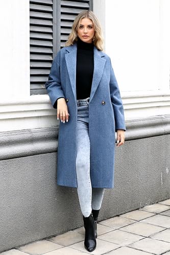 SAUKOLE Womens Winter Pea Coat Notch Lapel Double Breasted Wool Blend Oversized Overcoat with Pockets - color: 12#blue, size: Medium