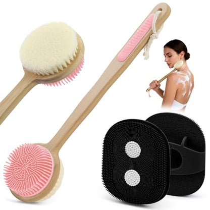 Silicone Body Back Scrubber for Shower 2 Pack, Long Handle Scrub Brush - color: Pink & Black