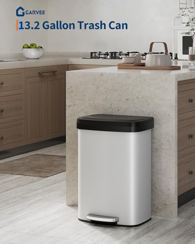 Garvee 13 gal / 50 L Metal Trash Can with Lid, Large Garbage Can for Kitchen, Rustproof Step-on Kitchen Metal Trash Bin with Liner Rim, Rear Handle, Soft Close Plastic Lid, White - color: White, size: 13.2 Gallons
