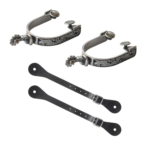 Western Cowboy Spurs Paired with 6 Holes Spurs Belt, Stainless Steel Western Horse Spurs with Rotatable Gear Leather Spur Straps Retro Fine Workmanship Men Women Horse Boot Spurs for Equestrian