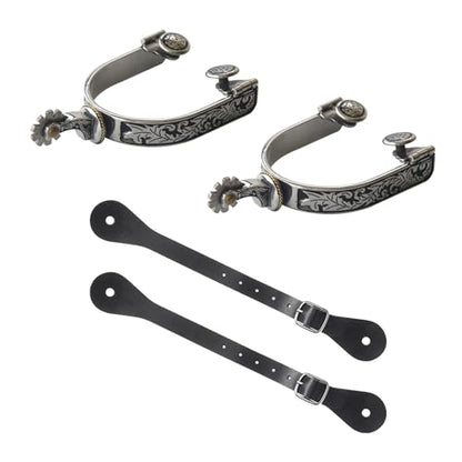 Western Cowboy Spurs Paired with 6 Holes Spurs Belt, Stainless Steel Western Horse Spurs with Rotatable Gear Leather Spur Straps Retro Fine Workmanship Men Women Horse Boot Spurs for Equestrian