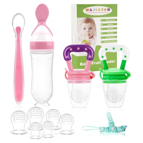 Baby Fruit Feeder Pacifier - 5 Pack | 2 Mesh Infant Food Feeder Pacifier & 1 Baby Food Dispensing Spoon | Fresh Fruit Teethers for Babies |Shower Gifts for Boys and Girls (Pink & Green) - color: 06-Pink