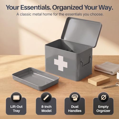 Flexzion Large Metal First Aid Box Empty, 8.5-Inch, Gray with White Cross - color: Gray, size: 8.5 Inch without Latch Lock
