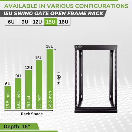 NavePoint 15U Open Frame Server Rack for 19" IT Network Equipment & A/V Devices, Free Standing or Wall Mount Rack with 180 Degrees Gate Swing, Black - size: 15U - 18in Deep