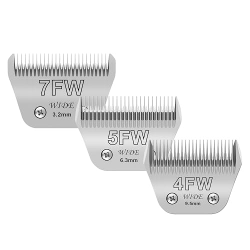 Pet Grooming Wide Blades Compatible with Andis A5 Oster Wahl, Silver, 3 Pcs | 7FW, 5FW & 4FW wide blades kit. Stainless steel build. Compatible with Andis A5, Oster & Wahl KM10 clippers. Low noise.