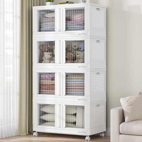 BROVIEW 400Qt Stackable Storage Bins with Lids, 100Gal Closet Organizers and Storage Drawer, Plastic Collapsible Storage Bins with Doors, Heavy Duty Store Box Cabinet for Home Kitchen, 4Pack White - color: White, size: 100 GAL