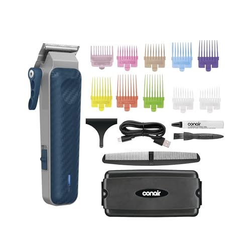 Conair Rechargeable Hair Clippers Kit, Color-Coded Guide Combs, 17 Pieces | Cordless clippers with built-in 5-position taper control and a lithium-ion battery for precise fades, edge-ups, and shaping