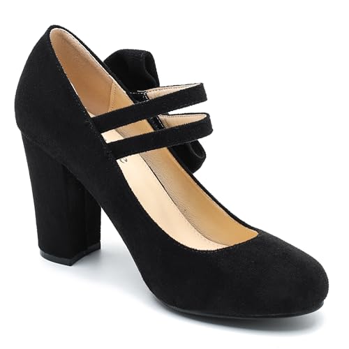 fereshte Women's Mary Jane Pumps with Bow, Double Strap, 3.54 Inch Chunky Block Heel Dress Shoes - color: Black Suede, size: 8