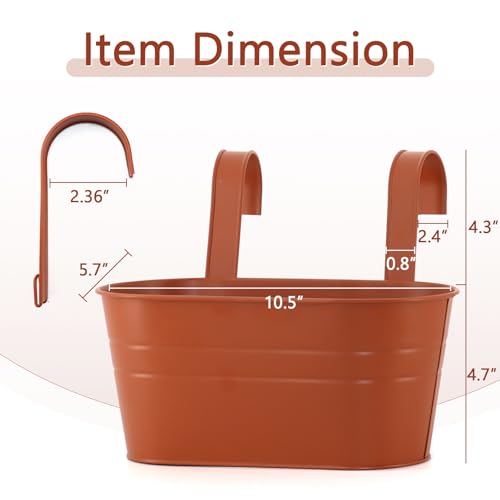 3 Pack Metal Railing Planters, 10.5" Oval Hanging Flower Pots with Detachable Hooks & Drainage Holes, Fits Rails up to 2.36", Galvanized Iron Fence Bucket for Balcony Garden Patio - Terracotta - color: Terracotta, size: 3 Pack, 10.5"L x 5.7"W x 4.7"H