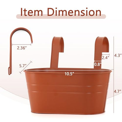 3 Pack Metal Railing Planters, 10.5" Oval Hanging Flower Pots with Detachable Hooks & Drainage Holes, Fits Rails up to 2.36", Galvanized Iron Fence Bucket for Balcony Garden Patio - Terracotta - color: Terracotta, size: 3 Pack, 10.5"L x 5.7"W x 4.7"H